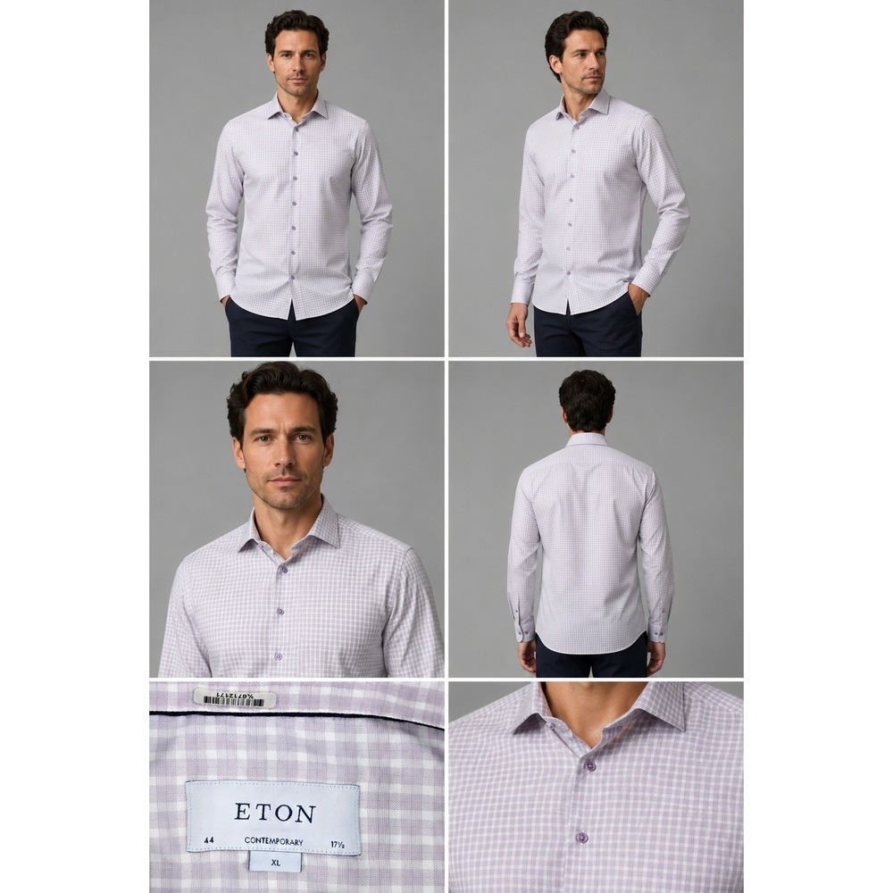 Eton Dress Shirt Mens XL 17.5 Purple White Gingham Contemporary Fit Excellent